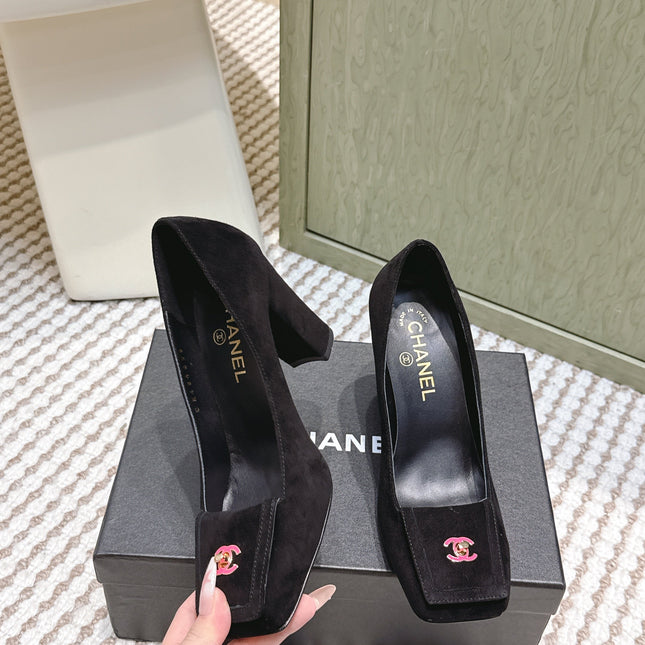 CHANEL 25S SLINGBACK SHOES 90MM IN BLACK SUEDE SQUARE TOE PINK HARDWARE