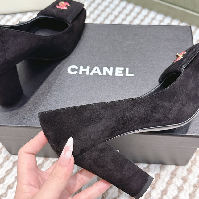 CHANEL 25S SLINGBACK SHOES 90MM IN BLACK SUEDE SQUARE TOE PINK HARDWARE