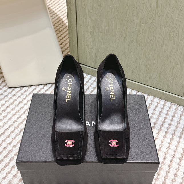 CHANEL 25S SLINGBACK SHOES 90MM IN BLACK SUEDE SQUARE TOE PINK HARDWARE
