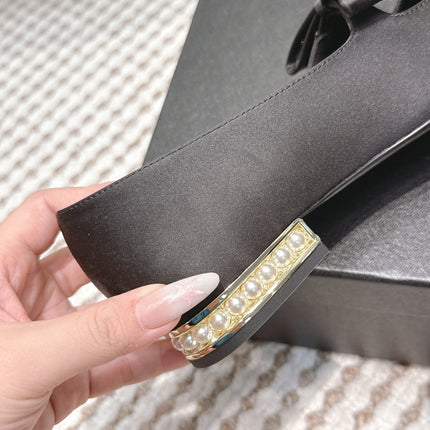 CHANEL 25S MARY JANE BALLET FLATS IN BLACK SILK WITH BOW