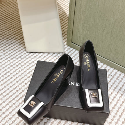 CHANEL 25S SLINGBACK SHOES 90MM IN BLACK CALFSKIN SQUARE TOE GOLD HARDWARE