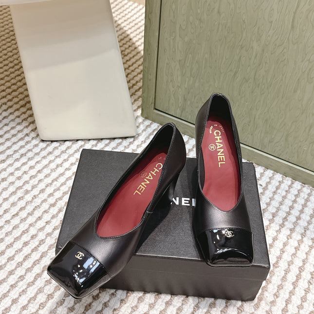 CHANEL 25S SQUARE-TOE HIGH HEELS 90MM IN BLACK CALFSKIN