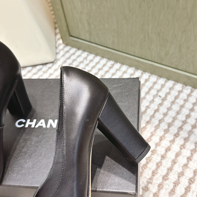 CHANEL 25S SQUARE-TOE HIGH HEELS 90MM IN BLACK CALFSKIN