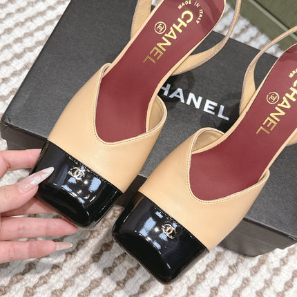 CHANEL 25S HIGH-HEELED SQUARE-TOE SLINGBACK 90MM IN DARK BEIGE AND BLACK CALFSKIN