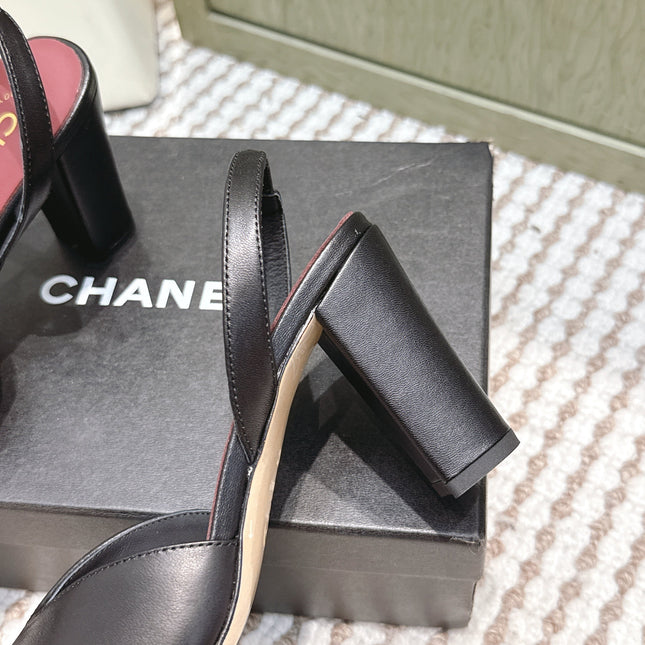 CHANEL 25S HIGH-HEELED SQUARE-TOE SLINGBACK 90MM IN BLACK CALFSKIN