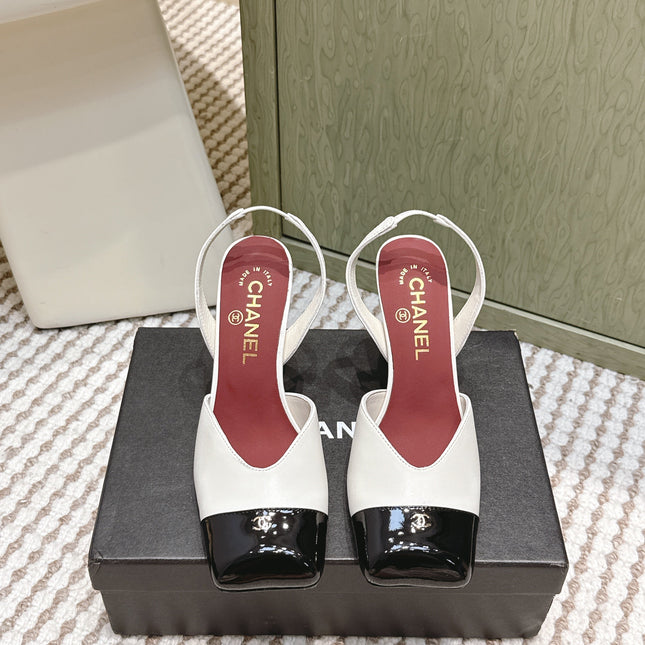 CHANEL 25S HIGH-HEELED SQUARE-TOE SLINGBACK 90MM IN WHITE AND BLACK CALFSKIN