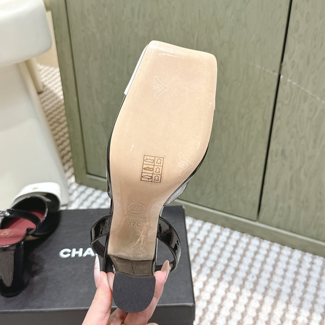 CHANEL 25S HIGH-HEELED SQUARE-TOE SLINGBACK 90MM IN BLACK AND WHITE CALFSKIN