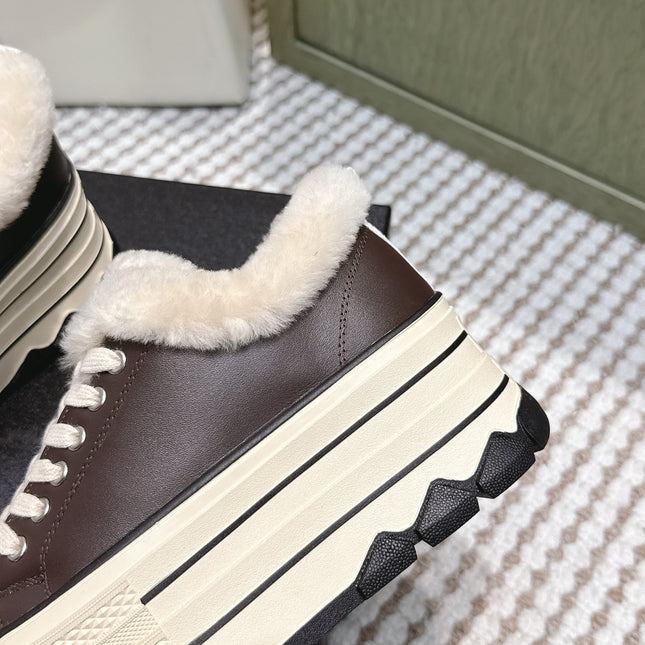 CHANEL 25S THICK-SOLE SNEAKERS 60MM IN DARK BROWN AND BEIGE CALFSKIN WITH FUR LINING