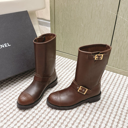 CHANEL 25S CALF-HIGH CHELSEA BOOTS IN BROWN CALFSKIN GOLD HARDWARE