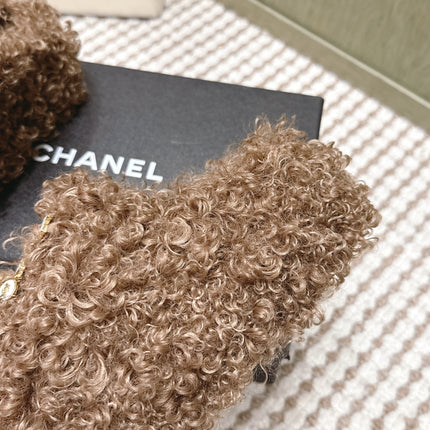 CHANEL 25S CLASSIC FURRY SLIDES IN BROWN WITH DOUBLE C LOGO