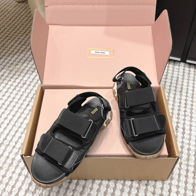 MIUMIU 26S VELCRO SANDALS IN BLACK CALFSKIN AND NYLON SILVER HARDWARE