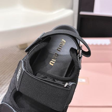 MIUMIU 26S VELCRO SANDALS IN BLACK CALFSKIN AND NYLON SILVER HARDWARE