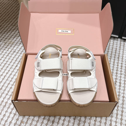 MIUMIU 26S VELCRO SANDALS IN CREAM WHITE CALFSKIN AND NYLON SILVER HARDWARE