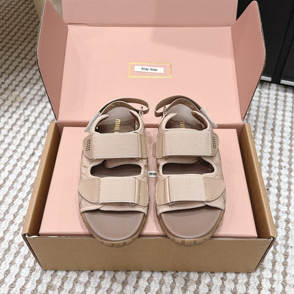 MIUMIU 26S VELCRO SANDALS IN LIGHT BROWN CALFSKIN AND NYLON SILVER HARDWARE