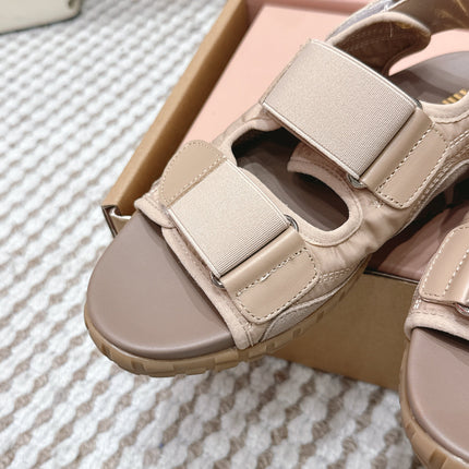 MIUMIU 26S VELCRO SANDALS IN LIGHT BROWN CALFSKIN AND NYLON SILVER HARDWARE