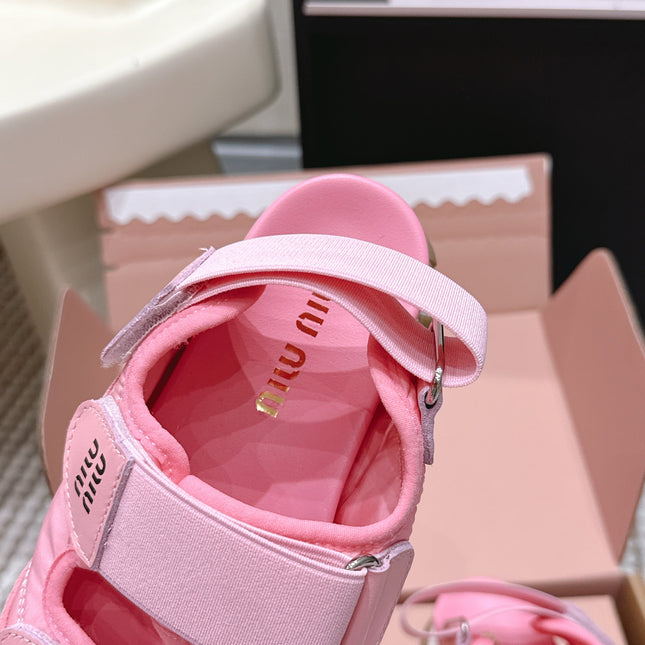 MIUMIU 26S VELCRO SANDALS IN PINK CALFSKIN AND NYLON SILVER HARDWARE