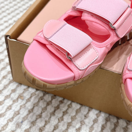 MIUMIU 26S VELCRO SANDALS IN PINK CALFSKIN AND NYLON SILVER HARDWARE