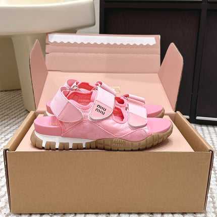 MIUMIU 26S VELCRO SANDALS IN PINK CALFSKIN AND NYLON SILVER HARDWARE