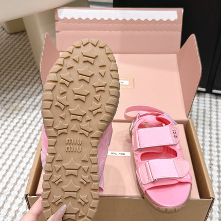 MIUMIU 26S VELCRO SANDALS IN PINK CALFSKIN AND NYLON SILVER HARDWARE