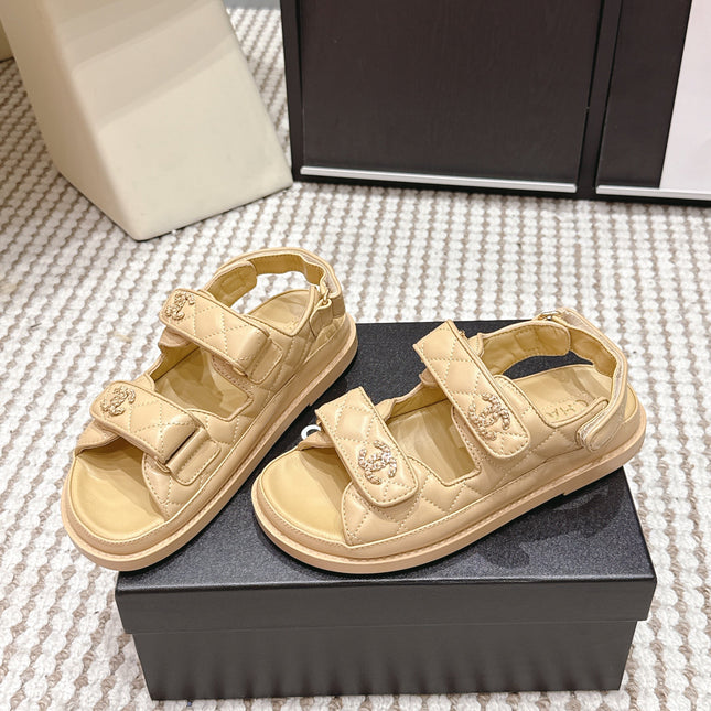 CHANEL 26S QUILTED DAD SANDALS IN LIGHT SAND BEIGE CALFSKIN