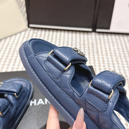 CHANEL 26S QUILTED DAD SANDALS IN SLATE BLUE CALFSKIN