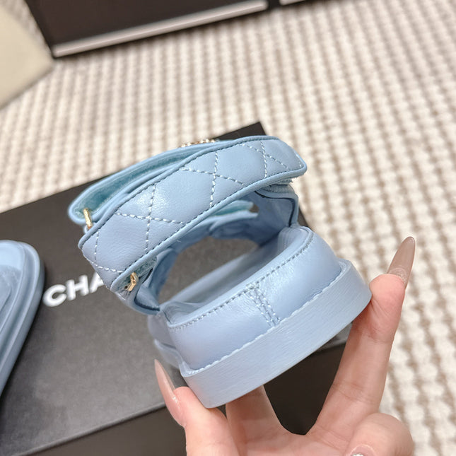 CHANEL 26S QUILTED DAD SANDALS IN LIGHT BLUE CALFSKIN