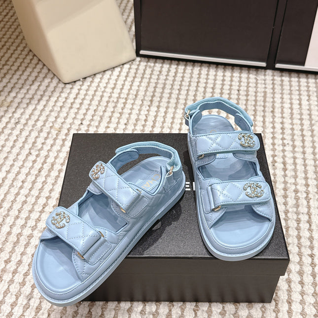 CHANEL 26S QUILTED DAD SANDALS IN LIGHT BLUE CALFSKIN