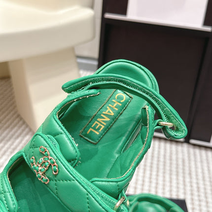 CHANEL 26S QUILTED DAD SANDALS IN GREEN CALFSKIN