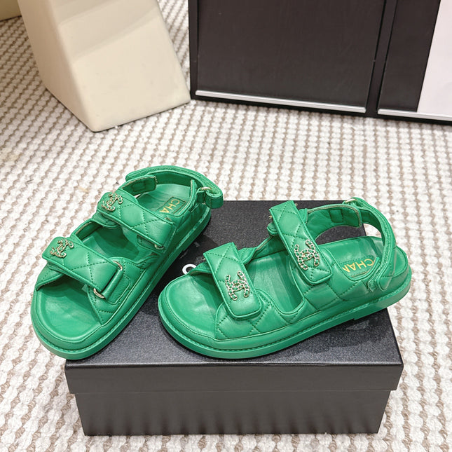 CHANEL 26S QUILTED DAD SANDALS IN GREEN CALFSKIN