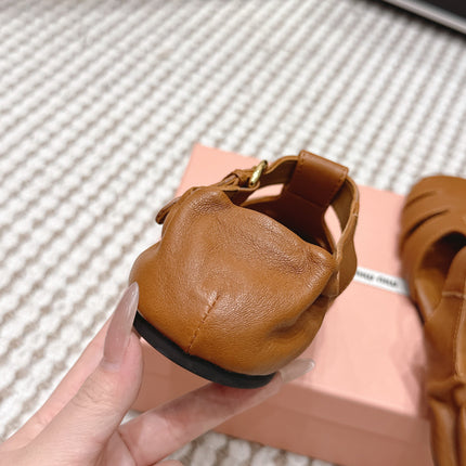 MIUMIU 26S RUCHES FISHERMAN SANDALS IN BROWN ORANGE CALFSKIN GOLD HARDWARE