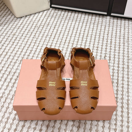 MIUMIU 26S RUCHES FISHERMAN SANDALS IN BROWN ORANGE CALFSKIN GOLD HARDWARE