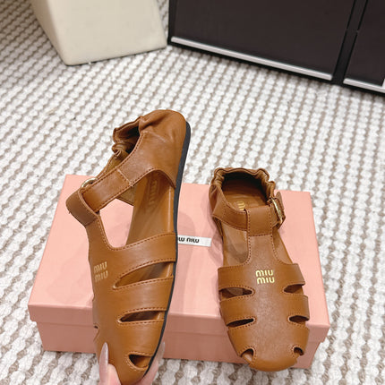 MIUMIU 26S RUCHES FISHERMAN SANDALS IN BROWN ORANGE CALFSKIN GOLD HARDWARE