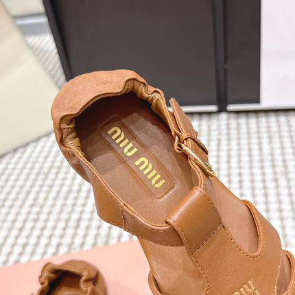 MIUMIU 26S RUCHES FISHERMAN SANDALS IN BROWN ORANGE CALFSKIN GOLD HARDWARE