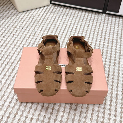 MIUMIU 26S RUCHES FISHERMAN SANDALS IN BROWN SUEDE GOLD HARDWARE