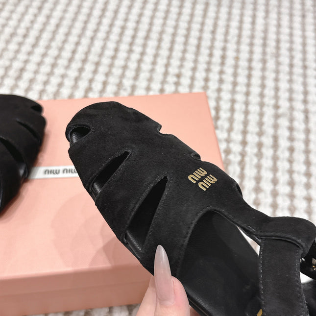 MIUMIU 26S RUCHES FISHERMAN SANDALS IN BLACK SUEDE GOLD HARDWARE