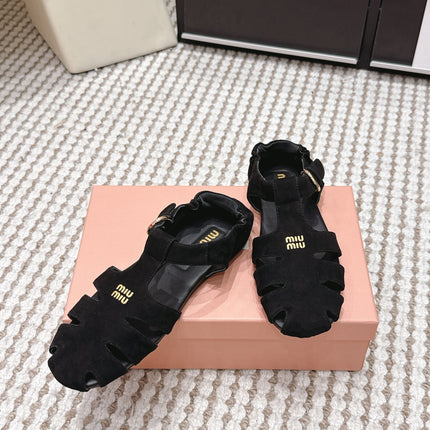 MIUMIU 26S RUCHES FISHERMAN SANDALS IN BLACK SUEDE GOLD HARDWARE