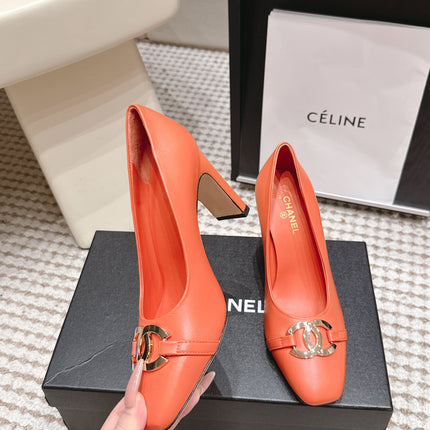 CHANEL 26S HIGH HEELS 95 MM IN ORANGE CALFSKIN WITH GOLD-TONE CC LOGO