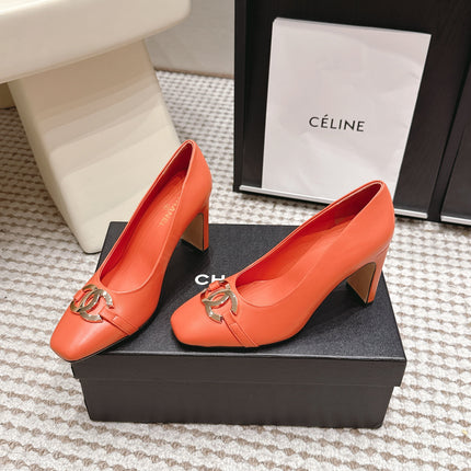 CHANEL 26S HIGH HEELS 95 MM IN ORANGE CALFSKIN WITH GOLD-TONE CC LOGO