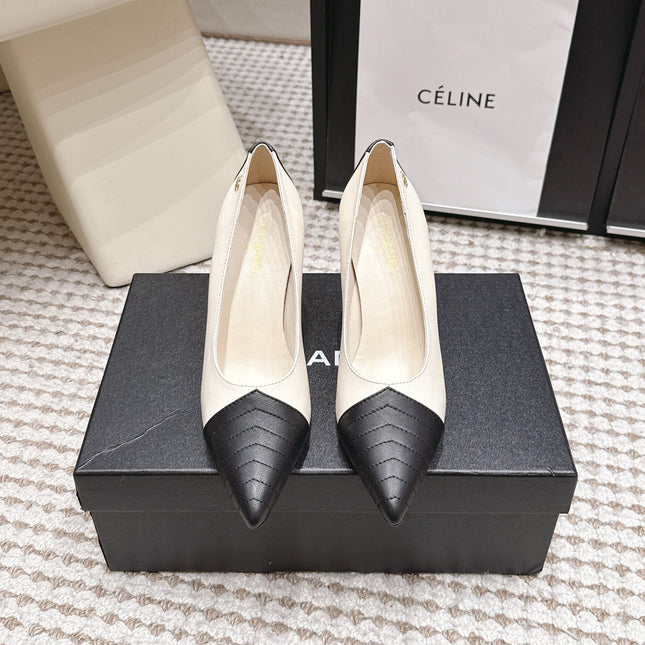 CHANEL 26S HIGH HEELS IN WHITE LAMBSKIN WITH BLACK CHEVRON-QUILTED TOE