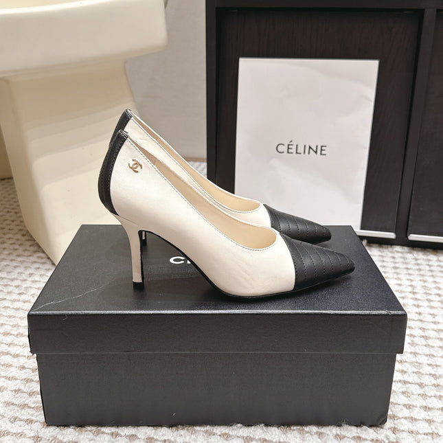 CHANEL 26S HIGH HEELS IN WHITE LAMBSKIN WITH BLACK CHEVRON-QUILTED TOE