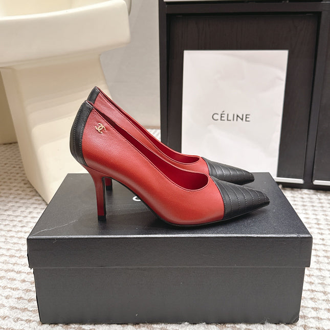 CHANEL 26S HIGH HEELS IN RED LAMBSKIN WITH BLACK CHEVRON-QUILTED TOE