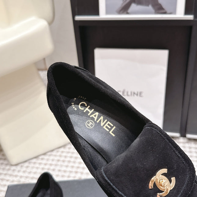 CHANEL 26S LOAFERS IN BLACK SUEDE WITH GOLD-TONE CC LOGO