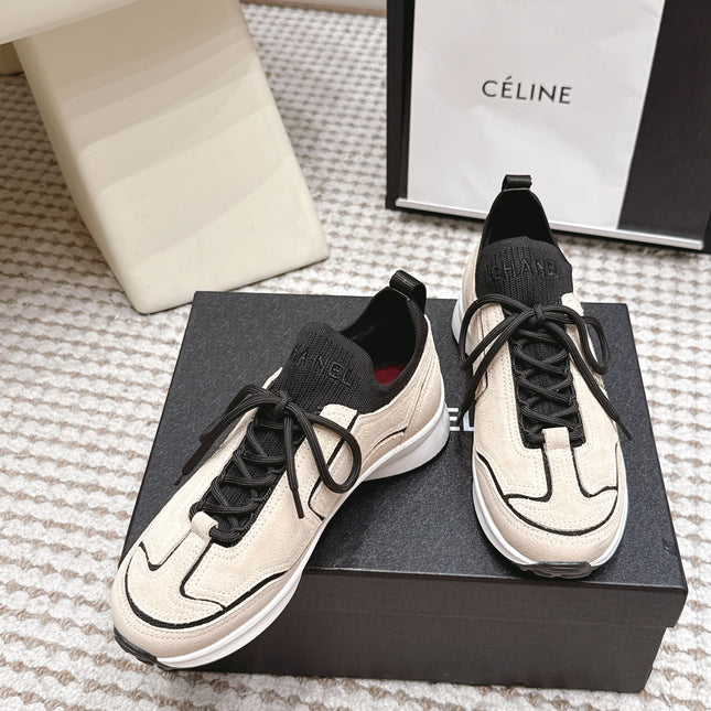 CHANEL 26S PLATFORM SNEAKERS 30 MM IN BEIGE SUEDE WITH BLACK FABRIC