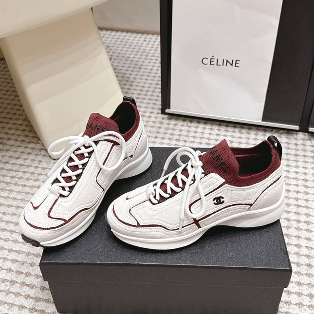 CHANEL 26S PLATFORM SNEAKERS 30 MM IN WHITE SUEDE WITH BURGUNDY FABRIC