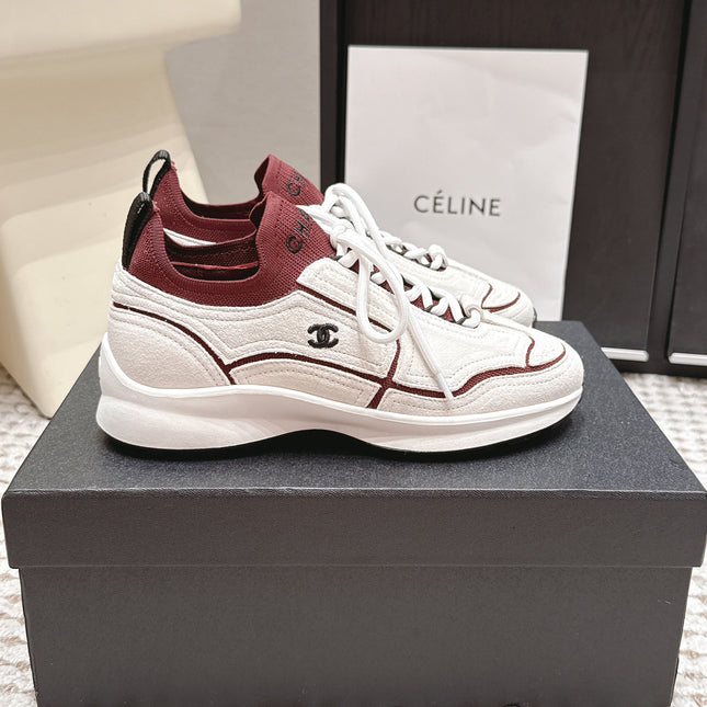 CHANEL 26S PLATFORM SNEAKERS 30 MM IN WHITE SUEDE WITH BURGUNDY FABRIC