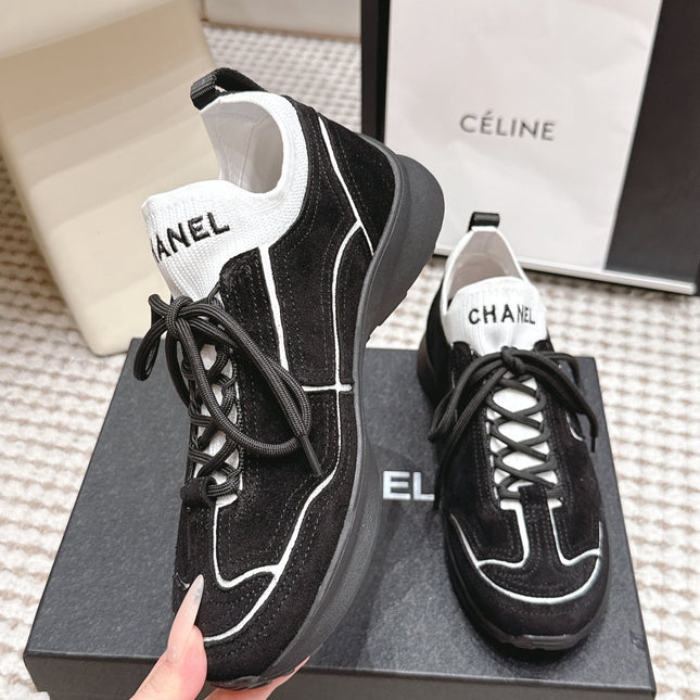 CHANEL 26S PLATFORM SNEAKERS 30 MM IN BLACK SUEDE WITH WHITE FABRIC