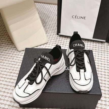 CHANEL 26S PLATFORM SNEAKERS 30 MM IN WHITE CALFSKIN WITH BLACK FABRIC