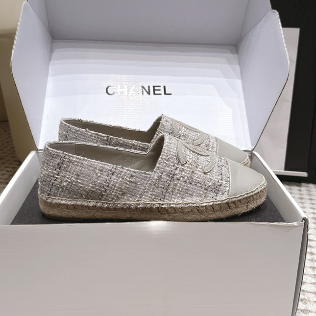 CHANEL 26S SLIP ONS IN GREY TWEED AND PATENT CALFSKIN