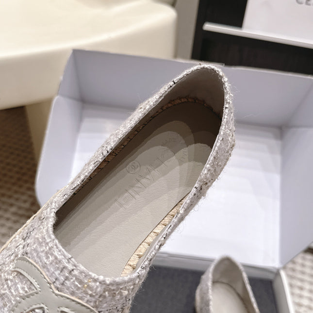 CHANEL 26S SLIP ONS IN GREY TWEED AND PATENT CALFSKIN