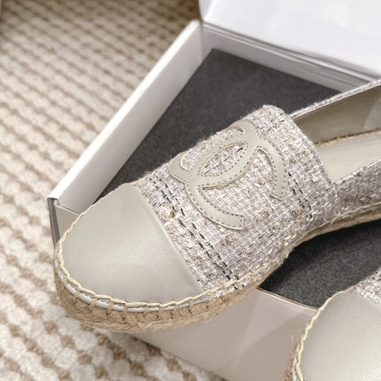 CHANEL 26S SLIP ONS IN GREY TWEED AND PATENT CALFSKIN